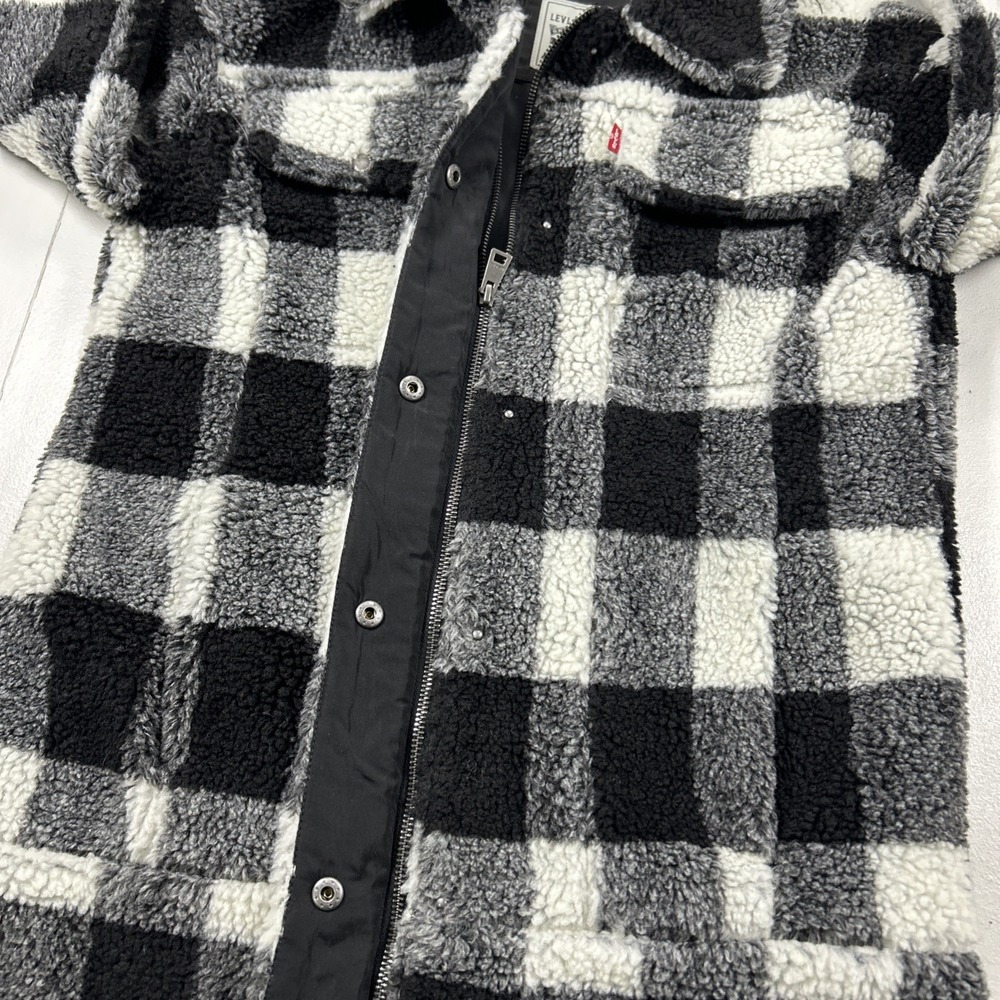 Levi's Women's XS Sherpa Oversized Black White Plain Button Zipper Coat - Picture 7 of 11